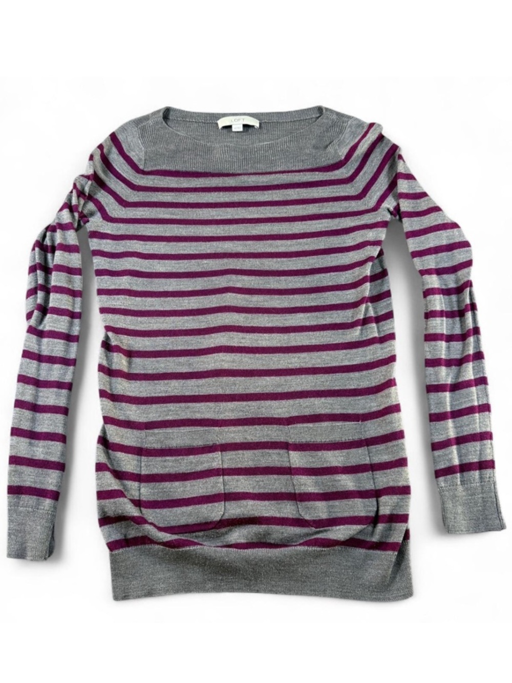 Ann Taylor LOFT Sweater Women's XS Striped Gray Burgundy